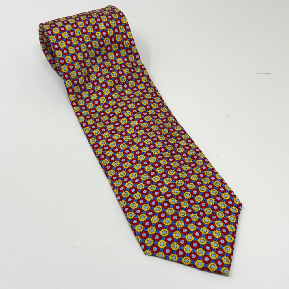 Peter Blair Mens Necktie Tiny Geometric Print Blue Red Yellow 100% Silk USA Made
